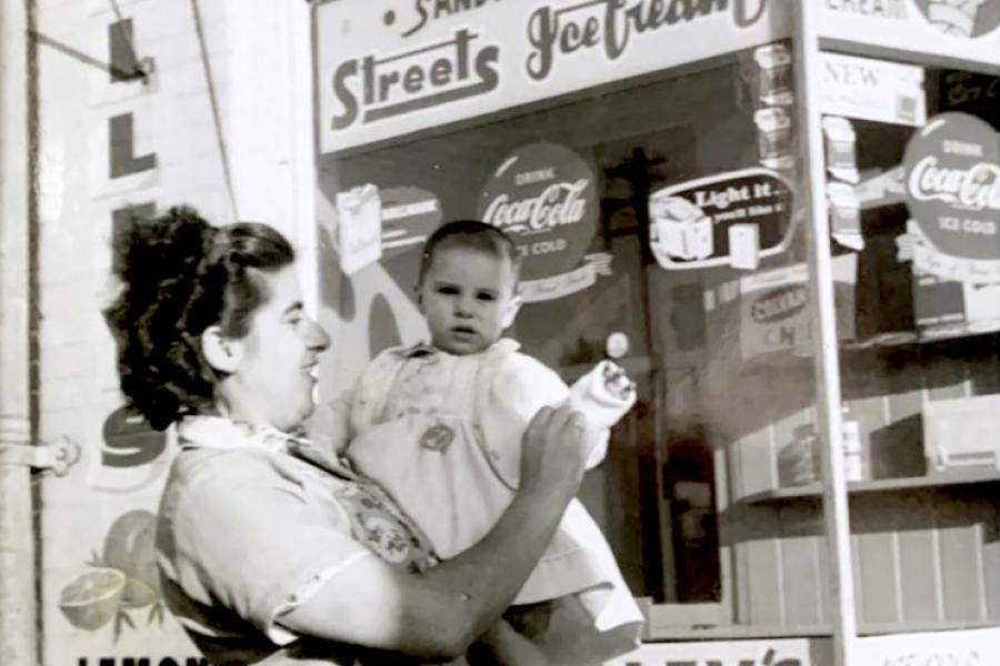 Evdokia Kokkinakos and daughter, Maria, outside of family business, Alexandria, Sydney, 1962