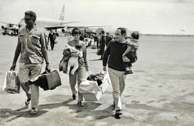 George Moudanidis and wife, Maria, arriving at Djibouti with their children, Euripides, four, and Spiro, three months. Djibouti, 1969. They traveled by plane to Djibouti because of the closing of the Suez Canal. From there they boarded the Patris to Australia