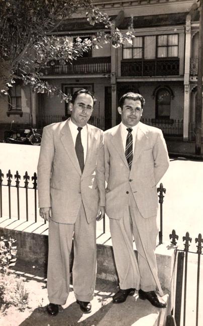 Gregory Onisforou (left) with Vasso Kyriacou, Paddington, 1955