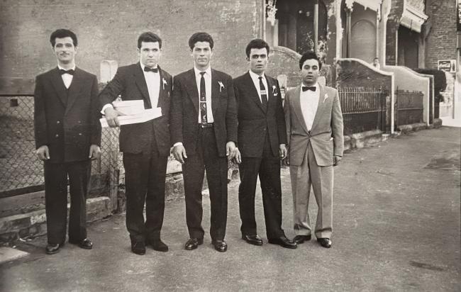Platon loakimidis (far left) and Dimitrios Avgerinos, George Ioakimidis, George Tirekidis, and Andrew Theophilou. Wedding of George Ioakimidis. Abercrombie St. Redfern 1958