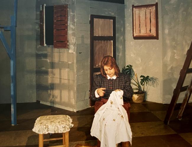 Angela Petroulaki (also known as Kiki Betty) on stage at the Greek Mandouridion Theatre, Addison Road, Marrickville, c.1986-88 in the play ‘Garden of Miracles’ by Iakovos Kambanellis