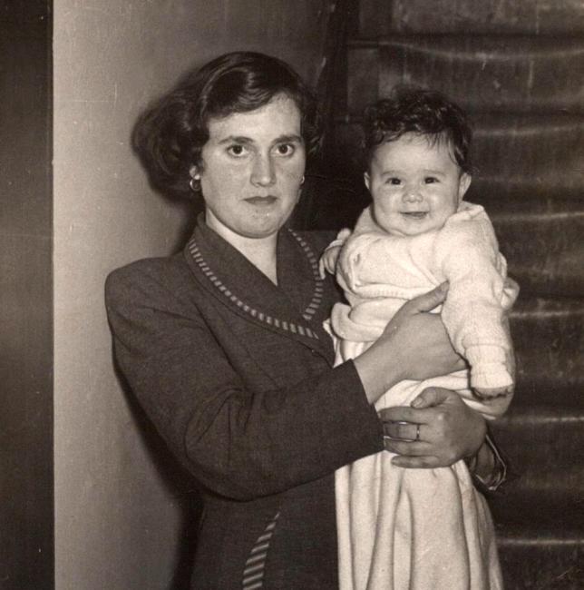 Stavroulla Onisforou holding baby Theo Onisforou, Hargrave Street, Paddington, 1957